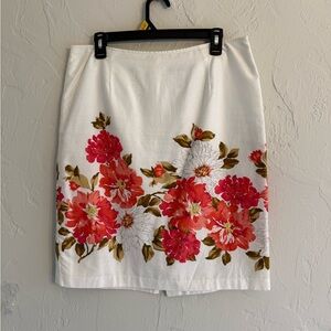 Covington White Pencil Skirt with Red & Coral Floral Border